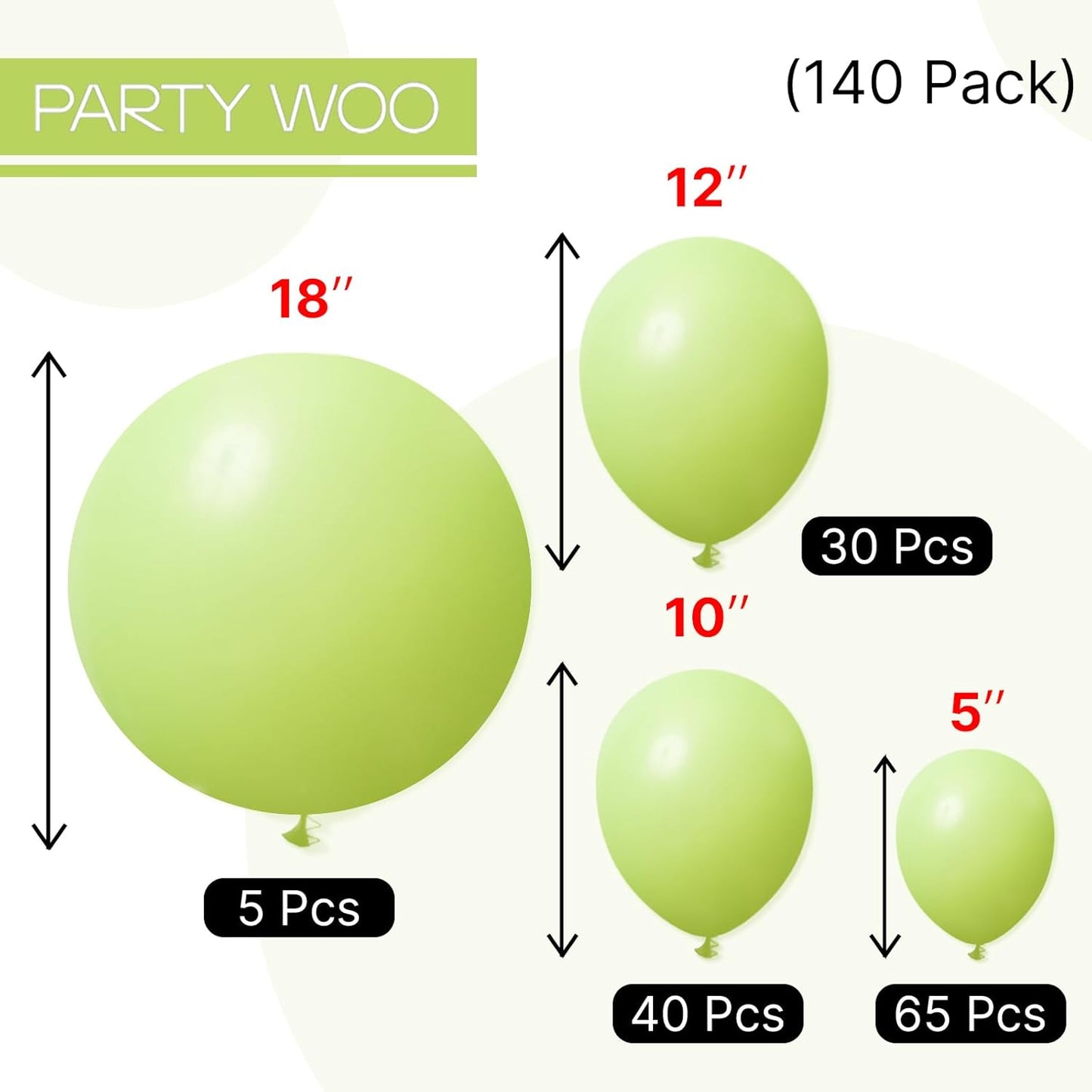 PartyWoo Lime Green Balloons 140pcs Different Sizes of 18 12 10 5 Inch Light Green Latex Helium Balloon Arch Kit for Wedding Birthday Dinosaur Jungle Golf Football Theme Party Decorations Green-Y6