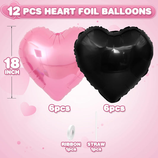 Pink Black Heart Balloons,12Pcs Light Pink Heart Shaped Foil Balloons,18Inch Black Pearl Pink Helium Balloon for Baby Shower Birthday Anniversary Wedding Party Decorations