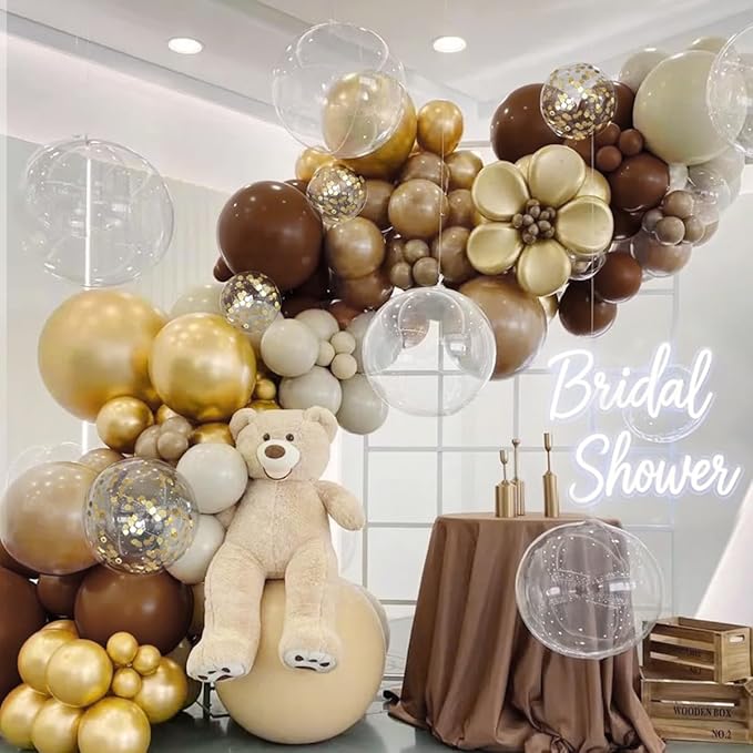 Brown Balloon Garland Arch Kit, 167Pcs Latex Balloons Different Sizes Dark Brown Camel Sand White Metallic Gold for Neutral Bear Baby Shower Safari Birthday Party Decorations