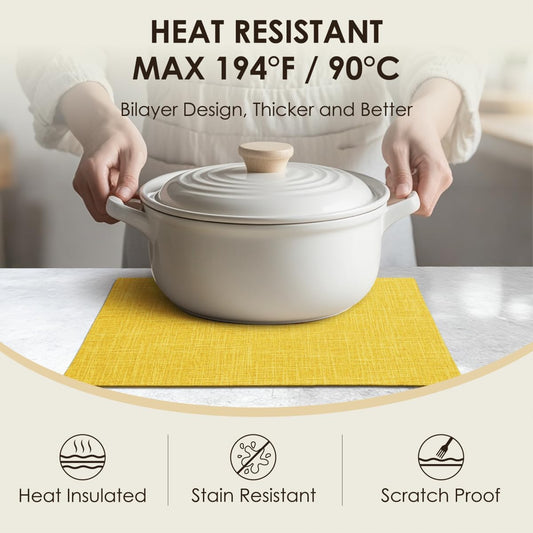 Placemats Set of 6, Bilayer Thickened Linen Place Mats Heat Resistant Machine Washable Wrinkle Free Carefully Selected Polyester Mats for Kitchen/Dining/Coffee Table (Yellow)