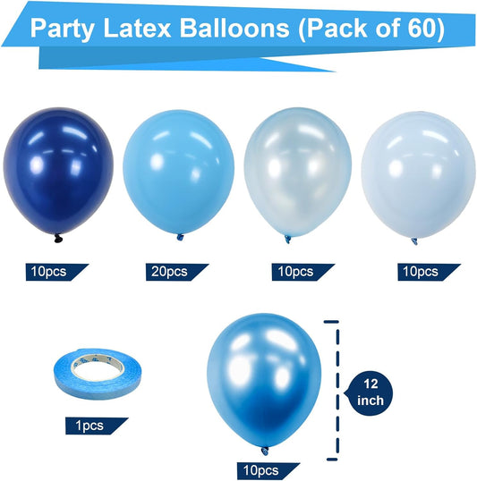 Bezente Blue Balloons Set,60pcs 12 inch Metallic Blue Pearl Blue Navy Blue Pastel Blue Latex Balloons Kit for Birthday,Baby Shower,Wedding,Graduation Party Decorations