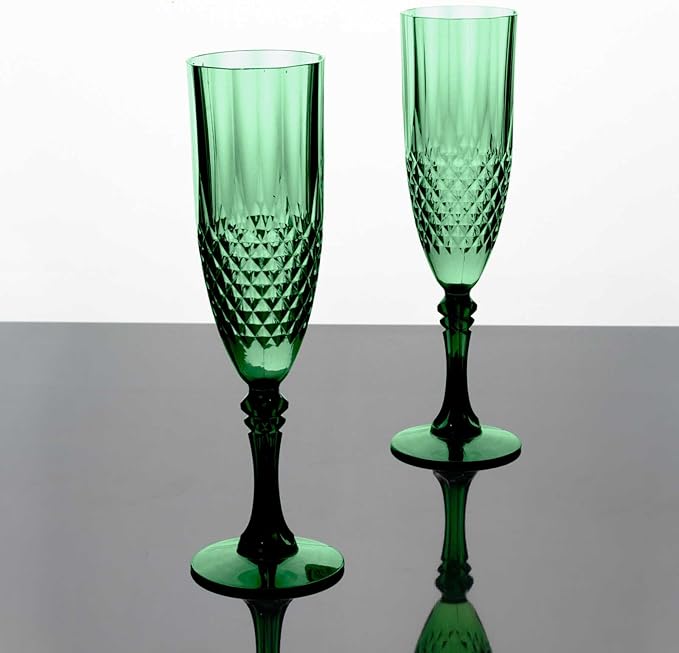 Efavormart 6-Pack Champagne Glasses, 8oz Shatterproof Plastic Crystal Cut Toast Flutes, Hunter Green for Party Celebration Wedding