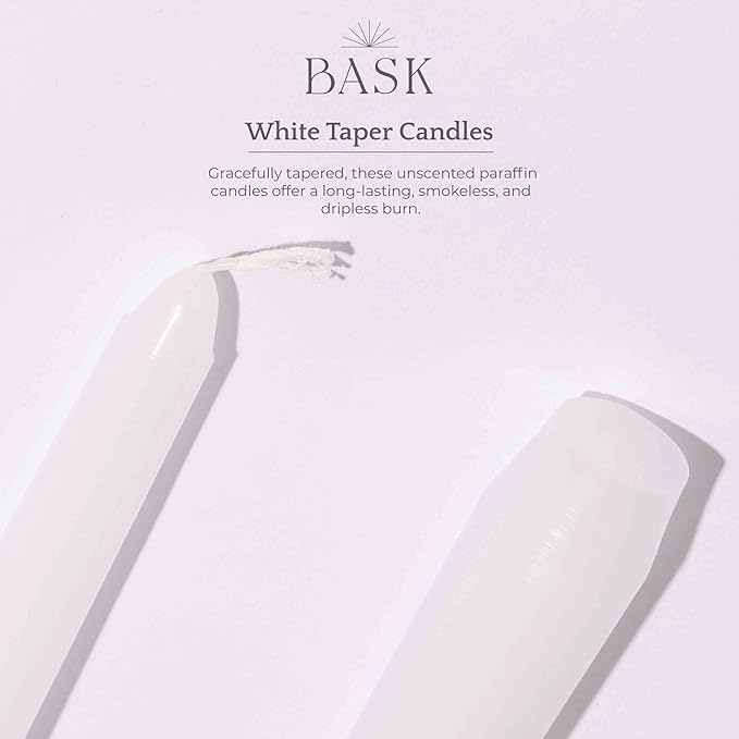 Bask 10-inch Taper Candles - Unscented and Dripless - Burns for 8 Hours - Home Decor for Dinner Table, Kitchen, and Bedroom - Perfect for a Romantic Date or Anniversary - 30-Pack - Ivory