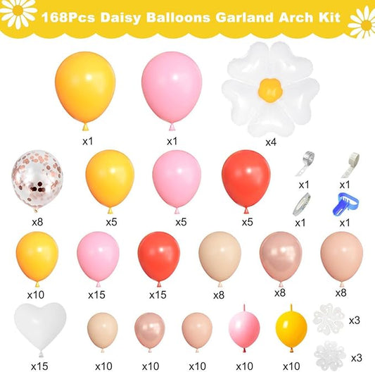 168Pcs Daisy Balloon Arch Garland Kit, Mothers Day Pastel Pink Orange Yellow Confetti Daisy Flower Balloons for Two Groovy One Birthday Floral Boho Girl Baby Shower Wedding Hippie Party Decorations