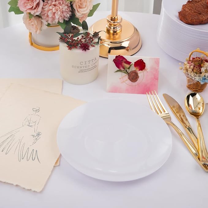 Hioasis 100pcs White Plastic Plates for Party - 7.5" Dinner Plates Disposable, Heavy -duty, Classy and Elegant for Wedding and Wedding