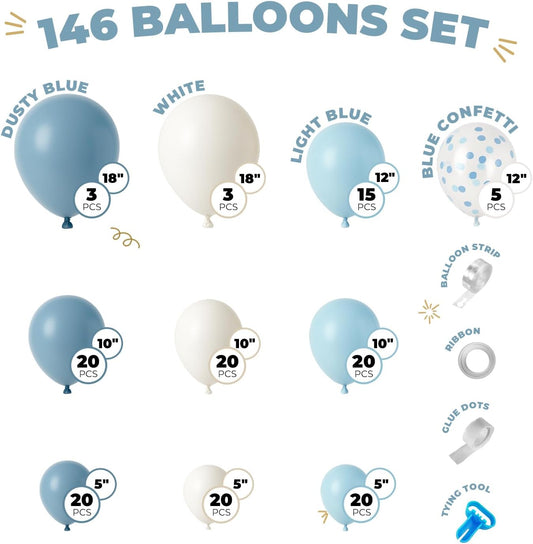 Balloon Garland Arch Kit – 146 Pcs Dusty Blue, White, Light Blue & Confetti Balloons for Baby Shower, Birthday, Gender Reveal, Wedding Party – DIY Kit by Vellax™