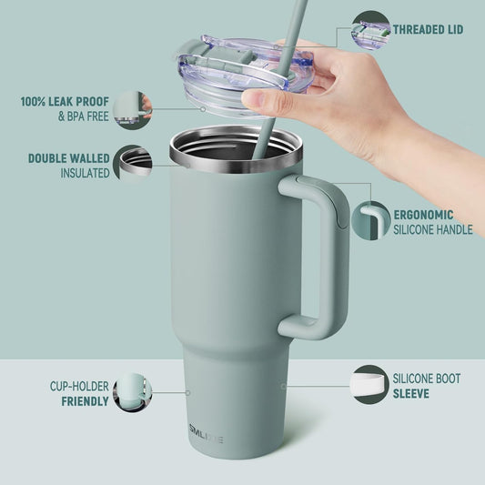 40 oz Tumbler with Handle and Straw Lid,Insulated Reusable Stainless Steel Water Bottle Travel Mug,Cupholder Friendly Double Wall Vacuum Sealed Cup (Shale)