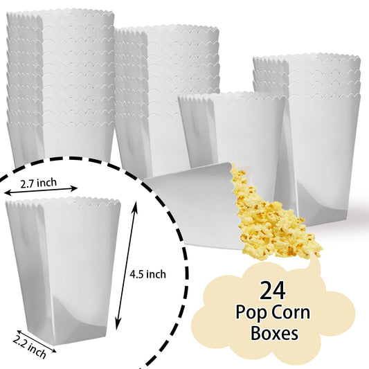 24 Pcs Silver Popcorn Boxes 2 x 4.5 x 2.7 inch Mini Popcorn Boxes Cardboard Popcorn Container for Party Disposable Snack Popcorn Bags
