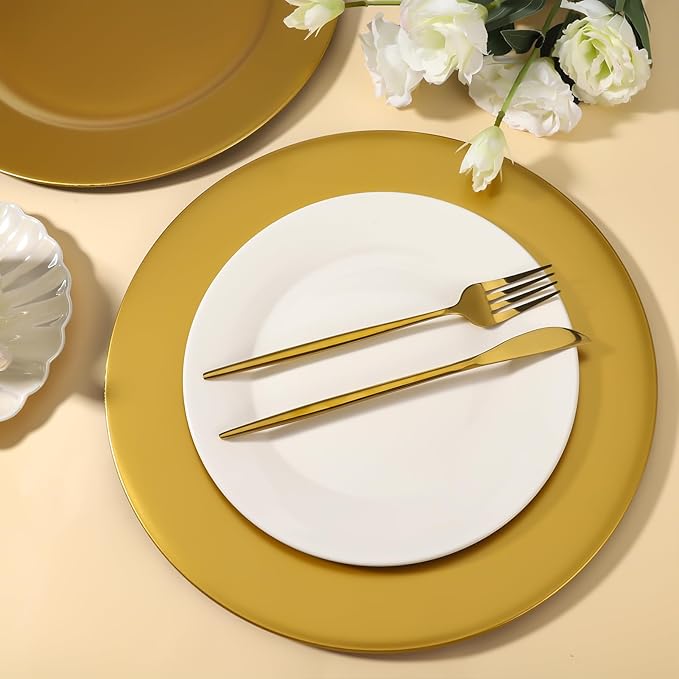 18 Pcs Golden Charger Plates Bulk,13 Inch Plastic Gold Dinner Round Tray Charger Tableware Dish for Table Setting Wedding Holidays Party Decor