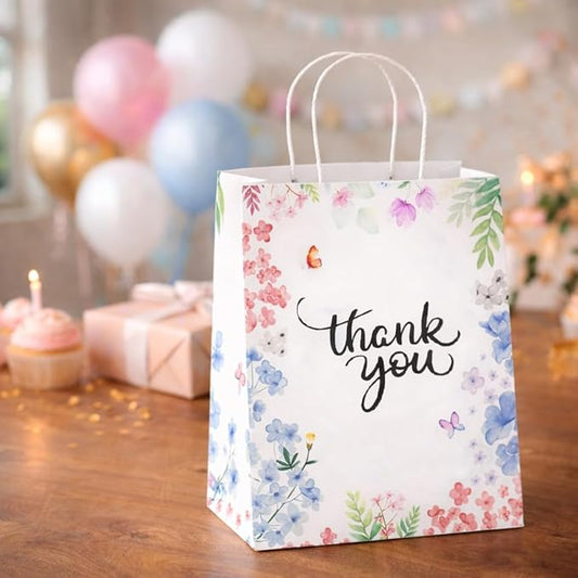 Purple Q Crafts Thank You Gift Bags 25 Pack 8" X 4" X 10" Small Paper Bags With Handles Floral Design Thank You Bags For Business, Boutique, Gifts, Wedding Favors…