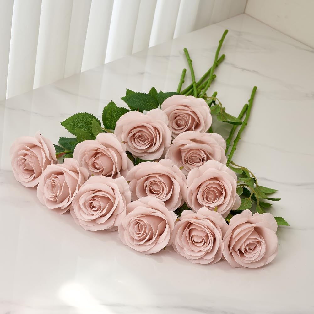 12pcs Roses Artificial Flowers Fake Roses Dusty Pink Silk Roses White Silk Flowers Rose with Long Stems for Wedding Home Party Centerpieces Decorations