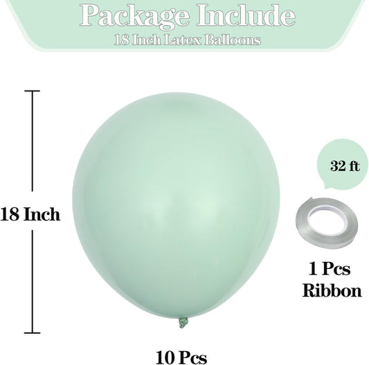 KALOR 18 inch Pastel Green Balloons, 10pcs Thick Latex Round Helium Balloons for Birthday Family Party Wedding Party Baby Shower Decoration Supplies