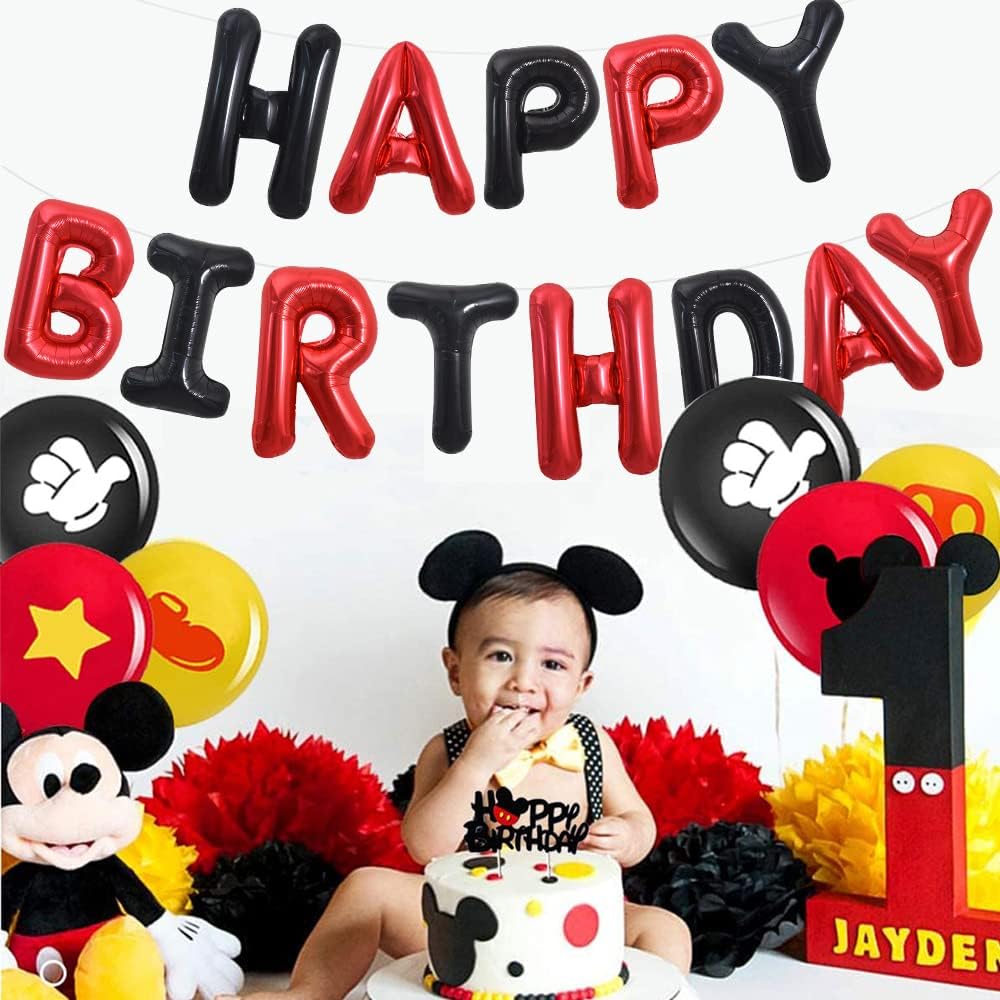 TONIFUL Happy Birthday Balloons Banner with Ribbon Straw, 16 Inch Mylar Letters Birthday Sign Banner Balloon Bunting Reusable for Girls Boys Kids & Adults Birthday Halloween Supplies(Black Red)
