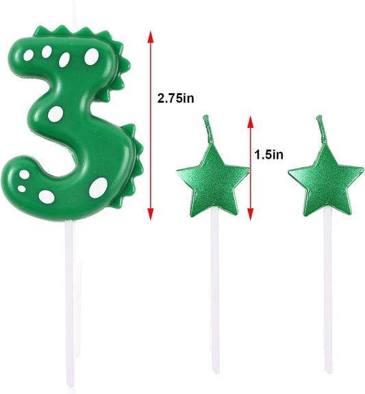 2.75 Inch Green Dinosaur Shaped 3 Number Birthday Candles and Star Birthday Candles,Suitable for Dinosaur Birthday Decorations & Themed Parties Celebration