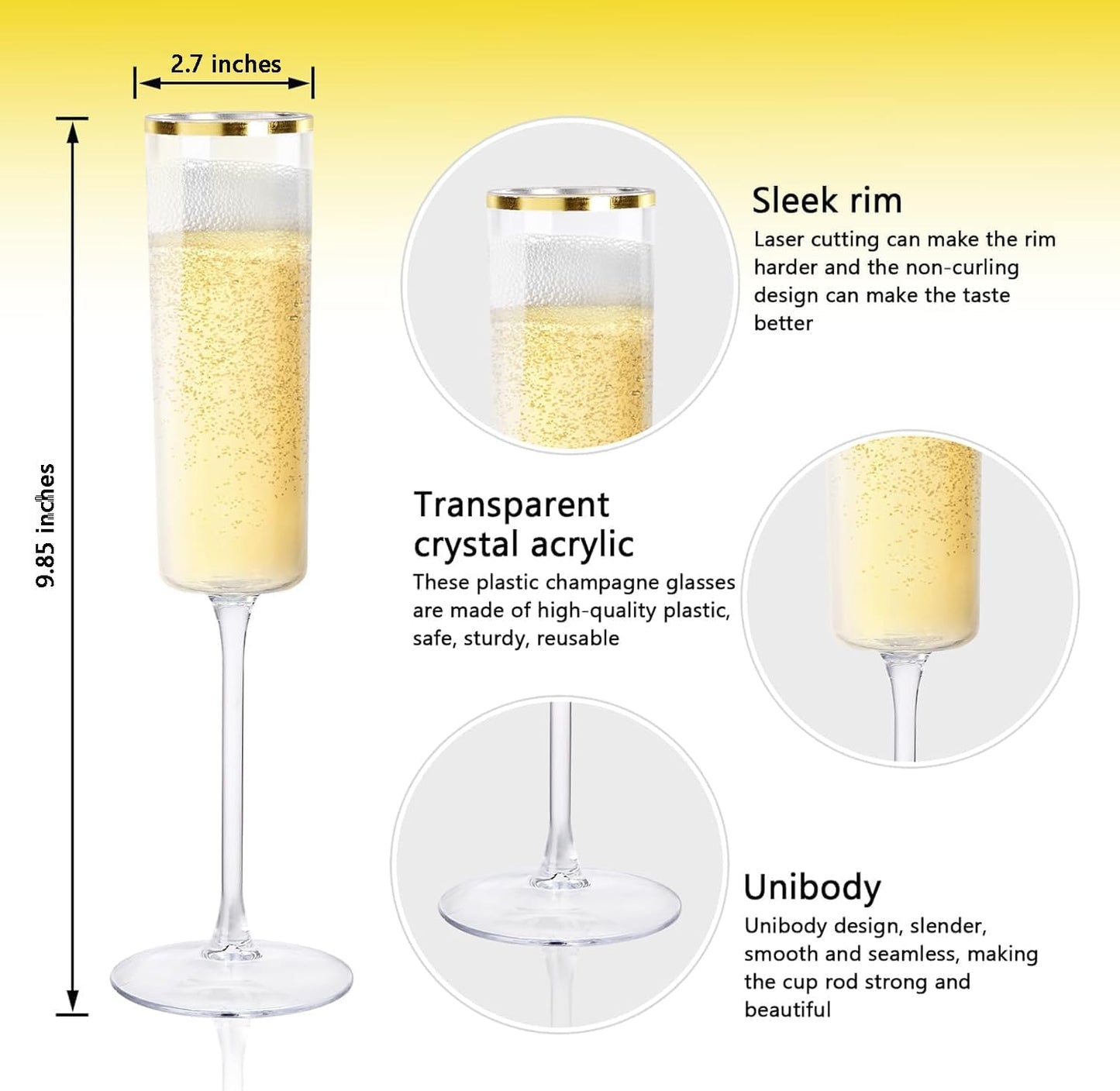 Ciaell 24 Pack Plastic Champagne Flutes - 6Oz Gold Rim Disposable Champagne Glasses - Square Clear Plastic Toasting Glasses for Party Birthday Anniversary Wedding Thanksgiving