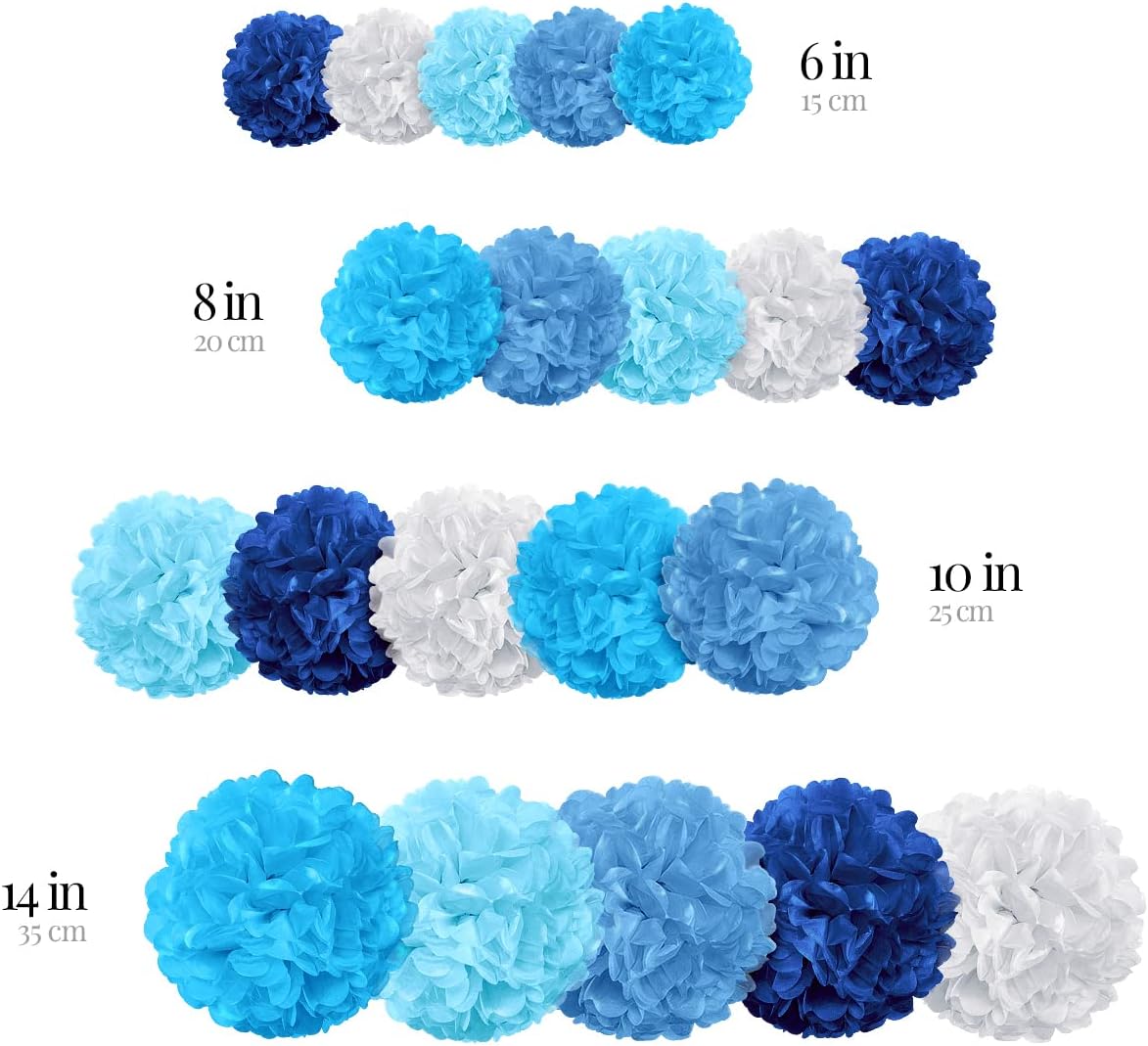 Tissue Paper Pom Poms - Blue Party Decorations for Birthdays, Weddings, Baby Showers and Special Occasions (20pcs, Blue Navy Assortment, Assorted Sizes)