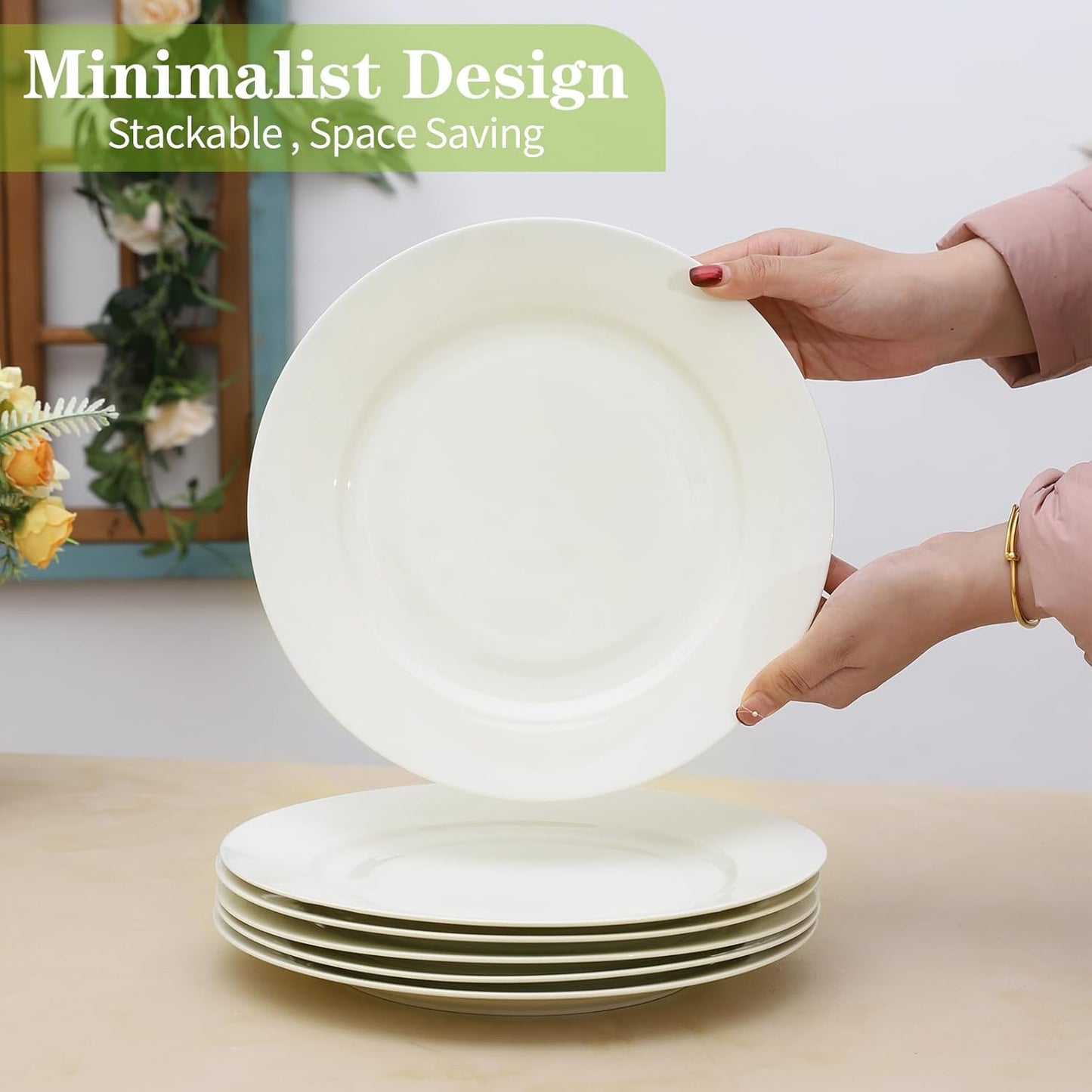 TAMAYKIM 10.5 Inch Porcelain Salad Dinner Plates 8 Pieces, Wide Rim Round Pasta Plates, Large Serving Dinnerware Sets, Scratch Resistant, Microwave, Oven, and Dishwasher Safe, White