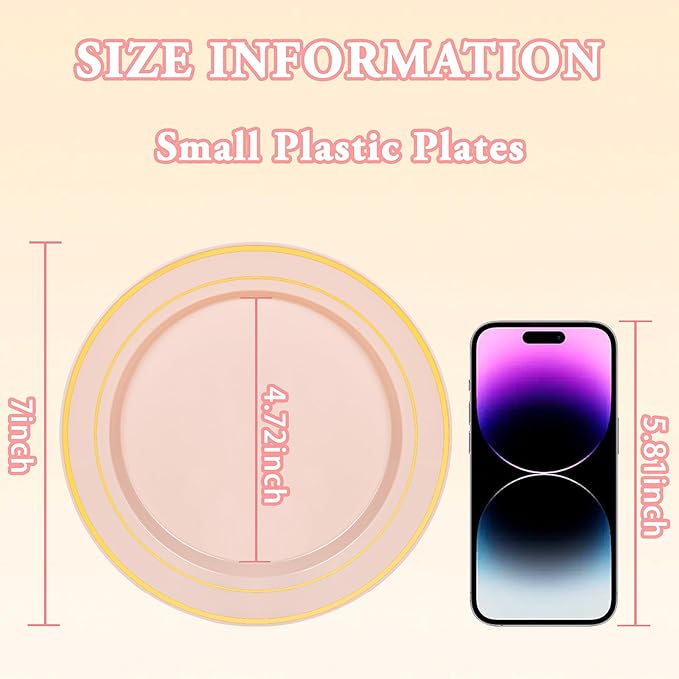 100Pcs Pink Plastic Dessert Plates, Disposable Salad Plate with Gold Rim, Premium Hard Fancy Small Plates, Heavy Duty Plastic Cakes Plates for Party, Wedding&Birthday&Valentine's Day