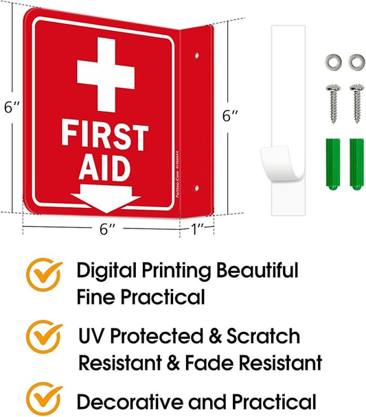 Faittoo First Aid Sign, 2 Pack First Aid with Cross Symbol - 6 x 6 Inches Acrylic Plastic, 2 Pre-Drilled Holes, Includes Matching Screws, Use for Home Office/Business