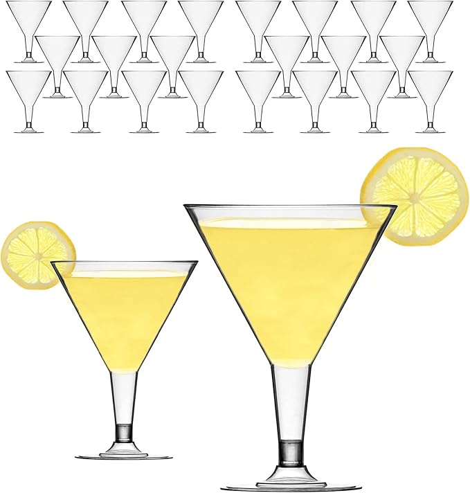 DecorRack 24 Martini Glasses, 7 oz -BPA Free- V-Shaped Plastic Glass, Perfect for Outdoor Parties, Weddings, Hosting, Stackable, Reusable, Disposable Stemmed Cups (Pack of 24)