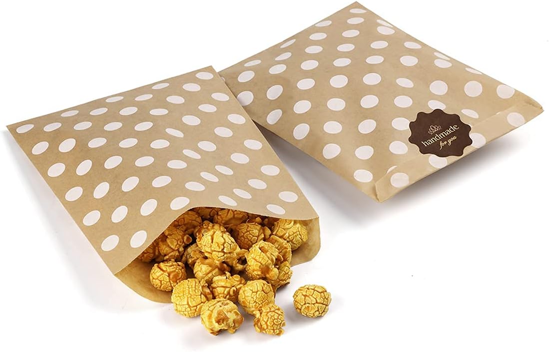 BagDream 5.5x7.75 Inches Kraft Paper Bags Pack of 100 Flat Paper Greaseproof Envelopes for Snack, Cookie, Popcorn Bags Brown Dot