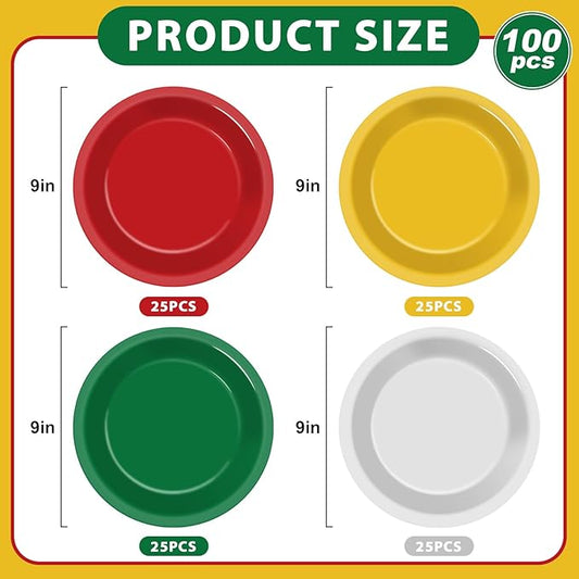 100Pcs Christmas Paper Plates 9 Inch Red Green Color Plates Disposable Round Dessert Plates Christmas Party Tableware Solid Color Paper Plates Winter Table Decors for Birthday Wedding Dinner Party