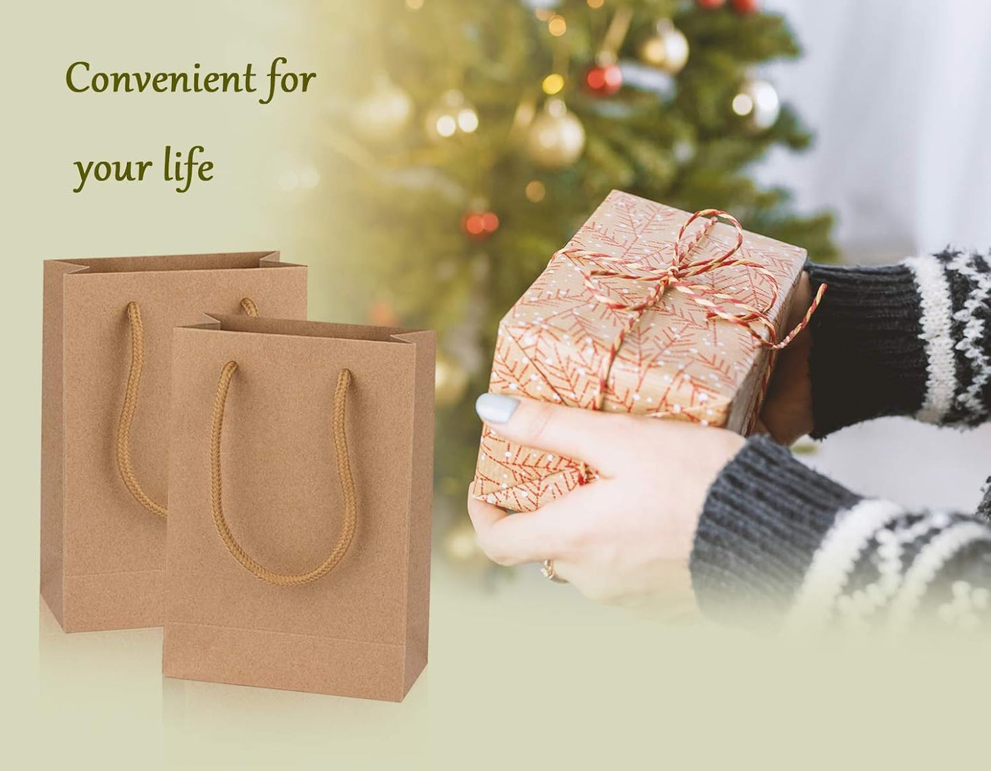 driew Kraft Gift Bags, Small Brown Paper Favor Bags with Handles Kraft Paper Bags 5x2x7.5 inches with Cotton Handle for Party Craft Takeouts Business,Shopping Pack of 100