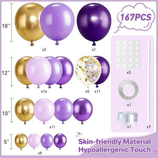 Purple and Gold balloon Arch Kit, 167Pcs Dark Light Metallic Lavender Purple Gold Chrome and Confetti Balloon for Women Girl Princess Birthday, Wedding Graduation Birthday Party Decorations