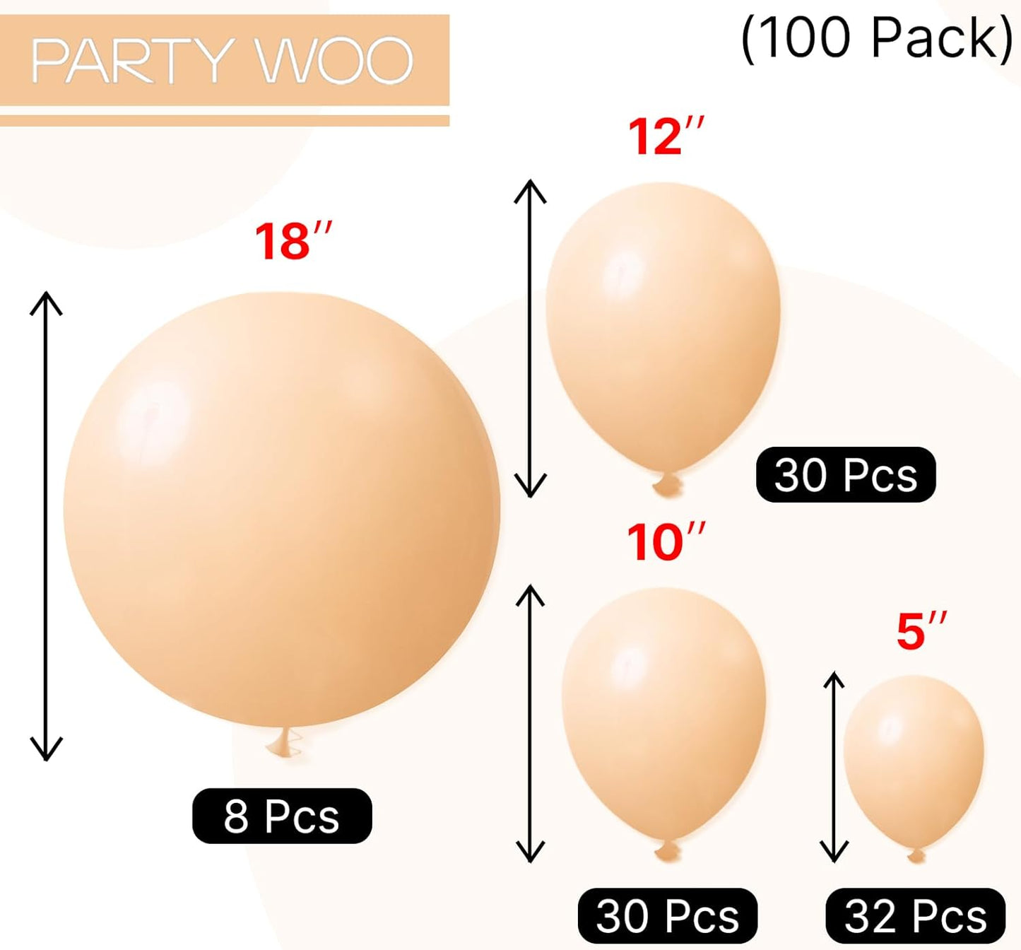 PartyWoo Nude Balloons 100 pcs Different Sizes Pack of 18 12 10 5 Inch Matte Latex Balloon Arch Kit Garland Beige Boho Apricot Balloons for Wedding Baby Shower Graduation Birthday Party Decorations