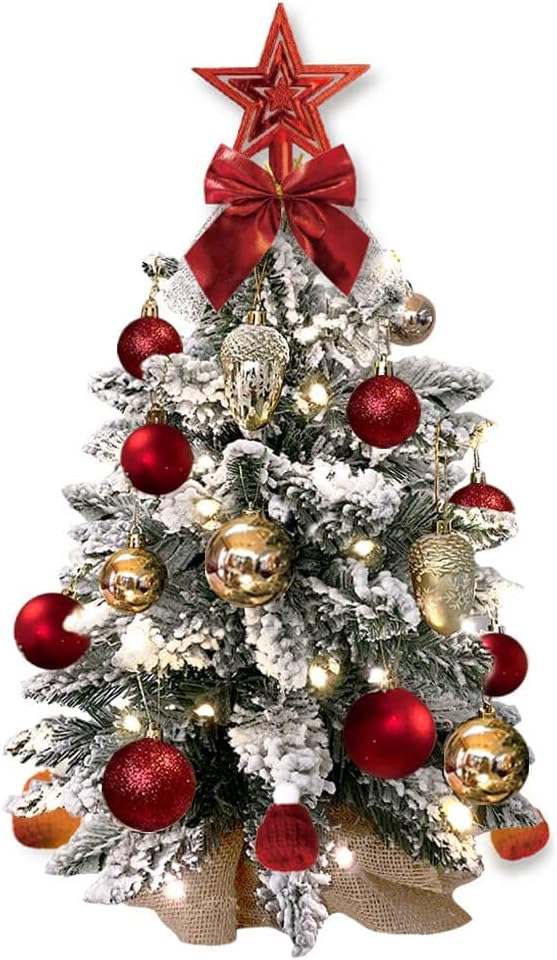 Small Christmas Tree with Light for Table Top, Mini Tabletop Christmas Tree with Decoration, 2FT Pre-lit Artificial Flocked Christmas Tree for Home, Office, Desk, Red