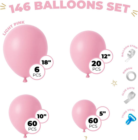 Balloon Garland Arch Kit – 146 Pcs Light Pink Balloons for Baby Shower, Birthday, Gender Reveal, Wedding Party – DIY Kit by Vellax™