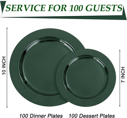 FLOWERCAT 200PCS Dark Green Plastic Plates Disposable Plates for Party - Heavy Duty Plastic Plates - 10" &7" Plate for 100 Guests New Year Parties and Events