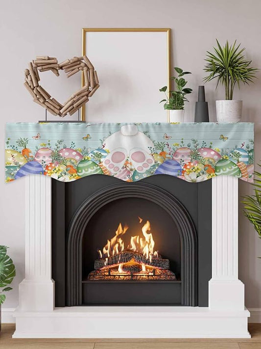 Easter Bunny Tail Fireplace Mantel Scarf Table Runner, Colorful Easter Eggs Teal Wooden Leaves Winter Garland Mantel Top Tablerunners Dresser Scarves Cover for Windows Party Living Room 90''x17''