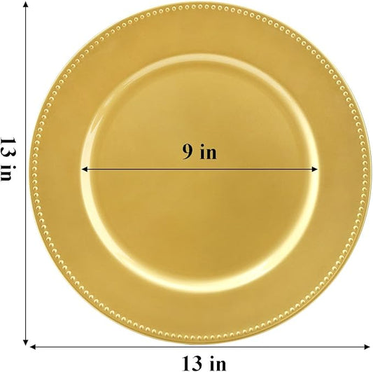 Okllen 12 Pack Plastic Gold Charger Plates, 13" Round Beaded Charger Plates for Wedding, Catering Event, Tabletop Decor