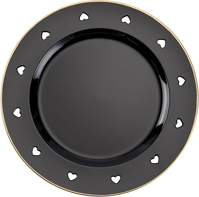 13" Round Black Charger Plates, Heart Hollow Chargers for Dinner Plates with Golden Border, Formal Table Setting Accessory Centerpiece Bluk Wedding, Valentine's Day, Galentine's Day, Set of 6
