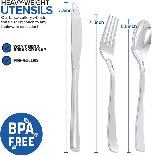 200Guests Pre Rolled Silver Plastic Silverware Sets - Heavy Duty Silver Cutlery - Include 200 Pack Wrapped Disposable Utensils with Napkins for Parties & Dinners & Weddings