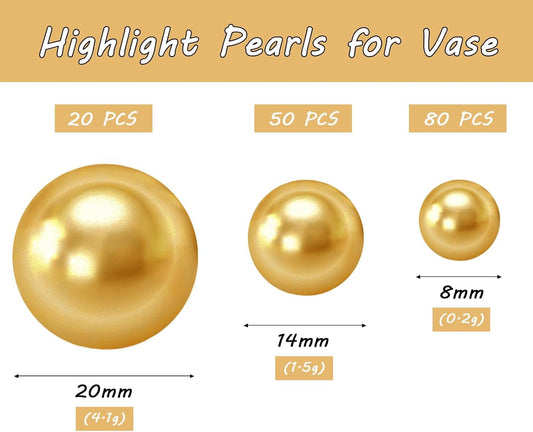 150Pcs Gold Polished No Hole Faux Pearl Beads for Vase Filling Decorations, Plastic Pearls Vase Fillers, Table Scatters, Wedding Centerpiece, Home Decor, 8/14/20 mm