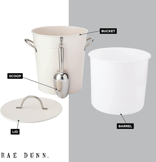 Rae Dunn Ice Bucket with Scoop - Stainless Steel Bucket with Handle, Lid and Ice Scooper - 4 Qt. Storage Bin for Ice Cubes for Bars, Parties, Backyard Barbeques, Picnics, and Camping (White)