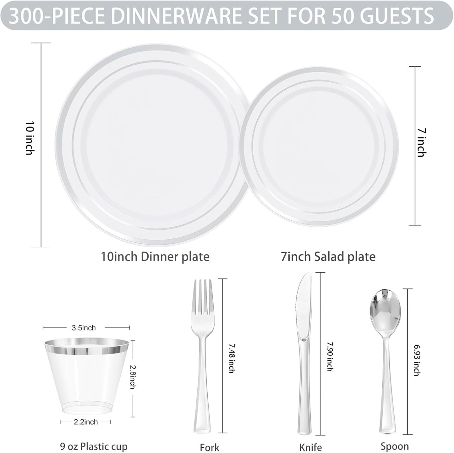 WELLIFE 300 PCS Silver Dinnerware Set for 50 Guests, Silver Plastic Disposable Plates for Party, 50 Dinner Plates, 50 Salad Plates, 50 Cups Forks Knives Spoons for Wedding and Party Anniversary