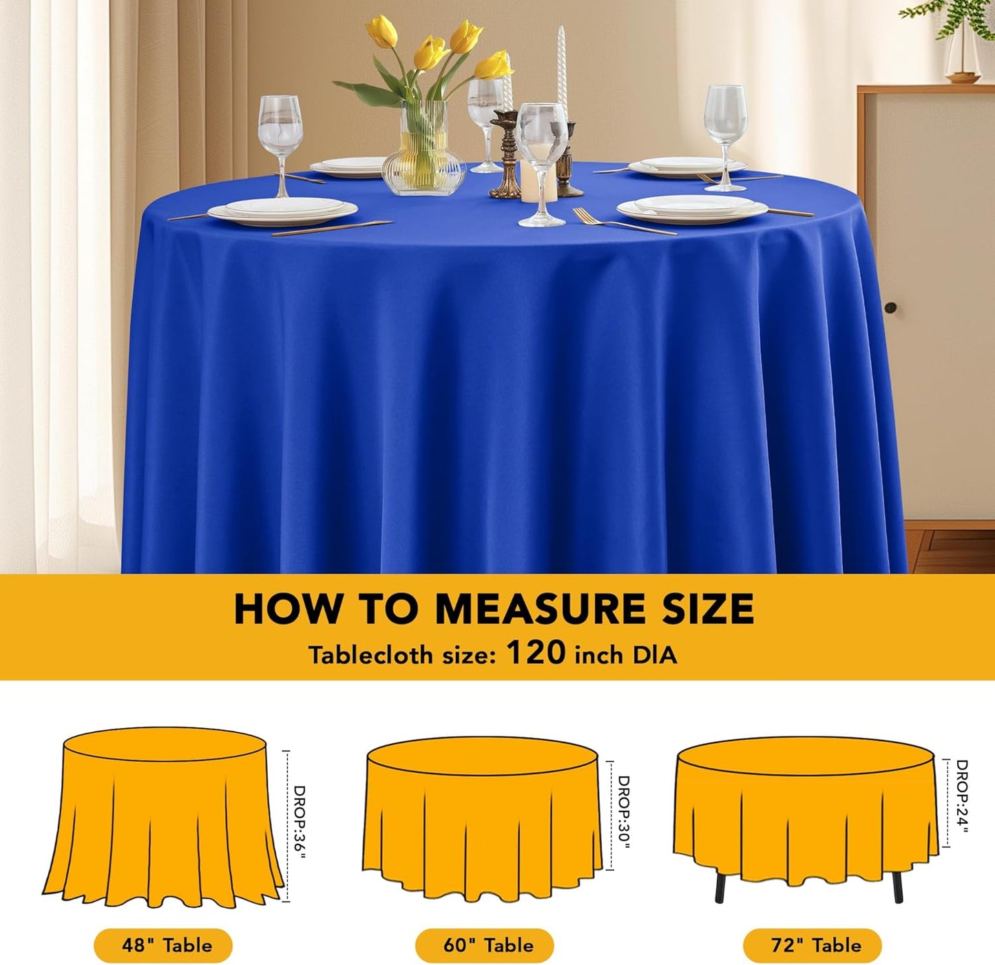 6-Pack Royal Blue Round Tablecloths, 120 Inches, Stain-Resistant Polyester for 5-6 Ft Round Tables - Washable Table Covers for Weddings, Banquets, Birthday Parties, Events