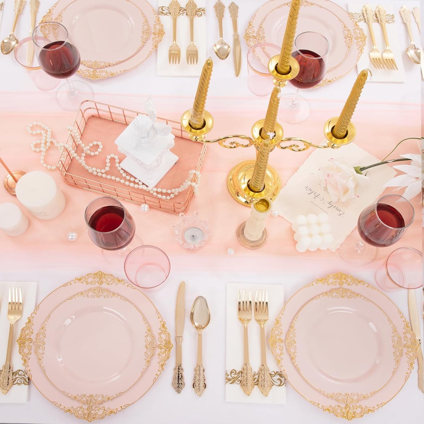 Morejoy 175pcs Pink Plastic Plates - Pink and Gold Disposable Plates, 10.25 inch Plastic Dinner Plates, Perfect for Wedding & Party & Holiday