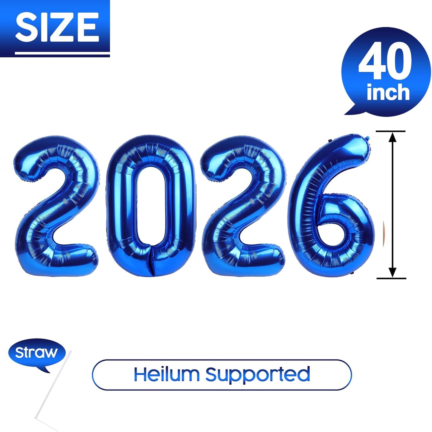 2026 Balloon - 2 Pack Metallic Blue Birthday Number Balloons, 40 Inch Large Foil Balloons for Men Women Boys Girls Navy Blue Themed Birthday Decorations,Number 2026 Balloon