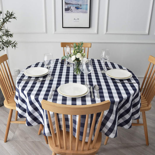 maxmill Round Checkered Tablecloth Spillproof Wrinkle Free Heavy Weight Gingham Table Cloth for Circular Table Cover Buffalo Plaid for Buffet Banquet Parties Holiday Dinner 70 Inch Navy and White