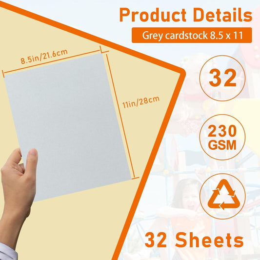 32 Sheets Grey Cardstock 8.5 x 11 Printer Paper, 80lb Thick Silver Card Stock for Cards Making, Invitations, Certificates, Anniversary Cards, Office Printing