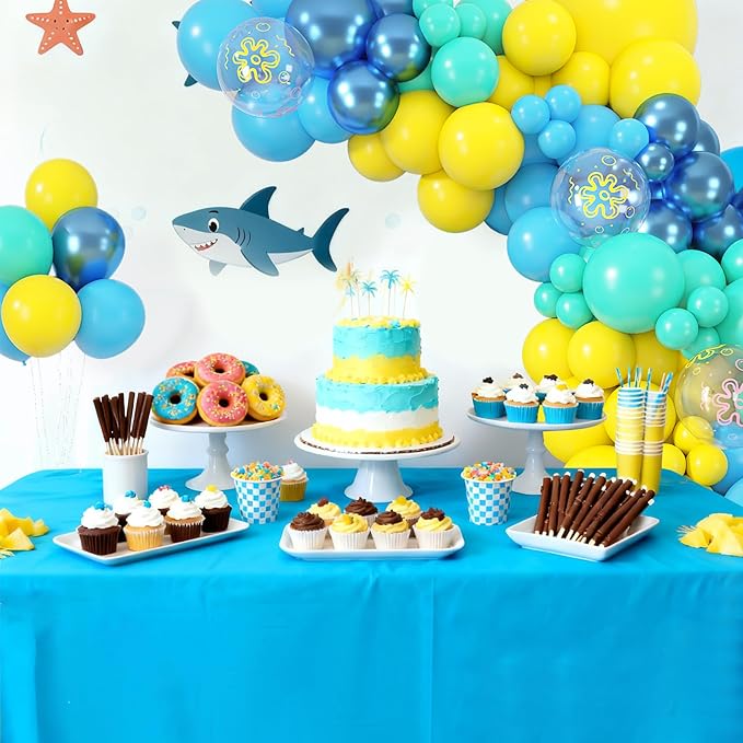Amandir 153pcs Blue and Yellow Balloons Arch Garland Kit, Different Sizes 18 12 10 5inch Teal Metallic Blue Yellow Flower Printed Clear Balloons for Cartoon Birthday Sea Theme Shower Party Decorations