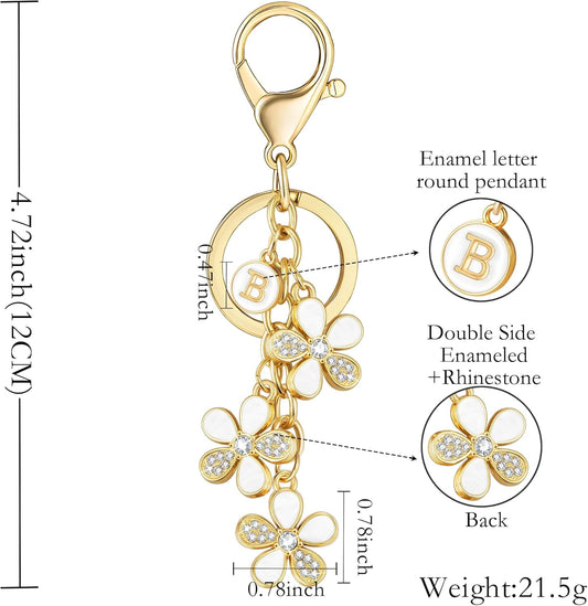 XGALBLA Cute Flower Crystals Rhinestone Initial Letter Keychain for Women, Bag Charms Bling Sparkly Enameled Keychain Handbag
