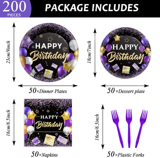gisgfim 50 Guests Purple Birthday Plates and Napkins Purple and Black Happy Birthday Party Supplies Tableware Set Table Decorations for Women Girl Birthday Decoration Paper Plates Napkins Forks 200PCS
