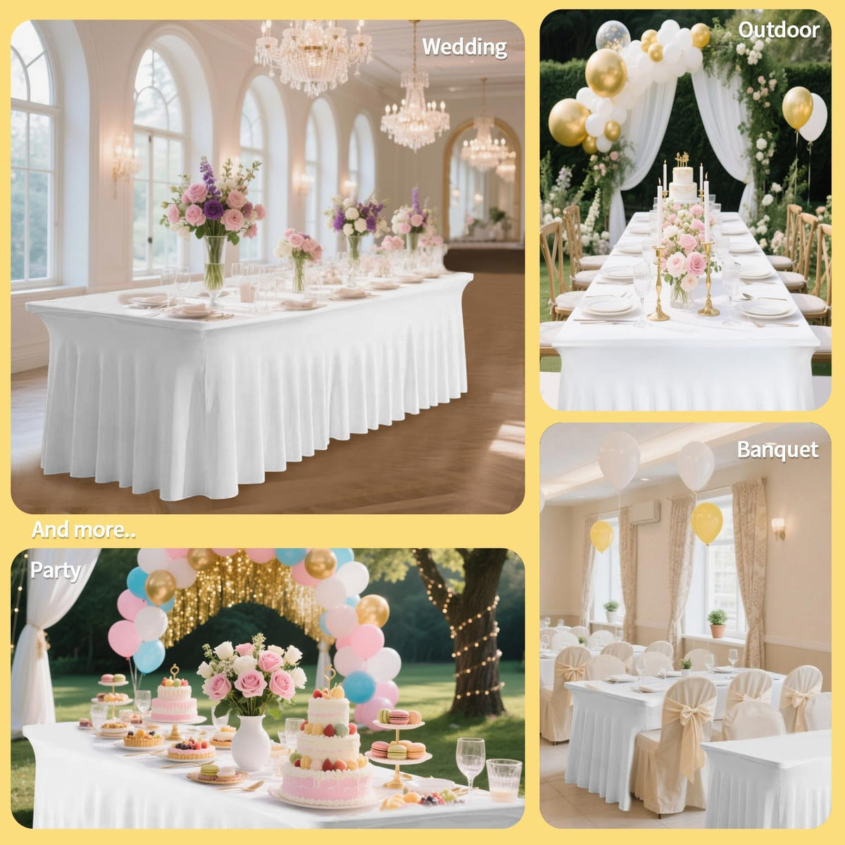 Table Skirt for 6ft Tables Spandex White Table Cover with Skirt Stretchy Tablecloth Wrinkle-Resistant Ruffles Elastic Tablecovers for Wedding, Banquet, Birthday Parties