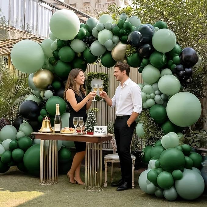 Green Black Balloon Arch, Double Stuffed Dark Sage Light Green Gold Balloon Garland for Birthday Baby Shower Graduation Jungle St Patricks Day Party Decorations
