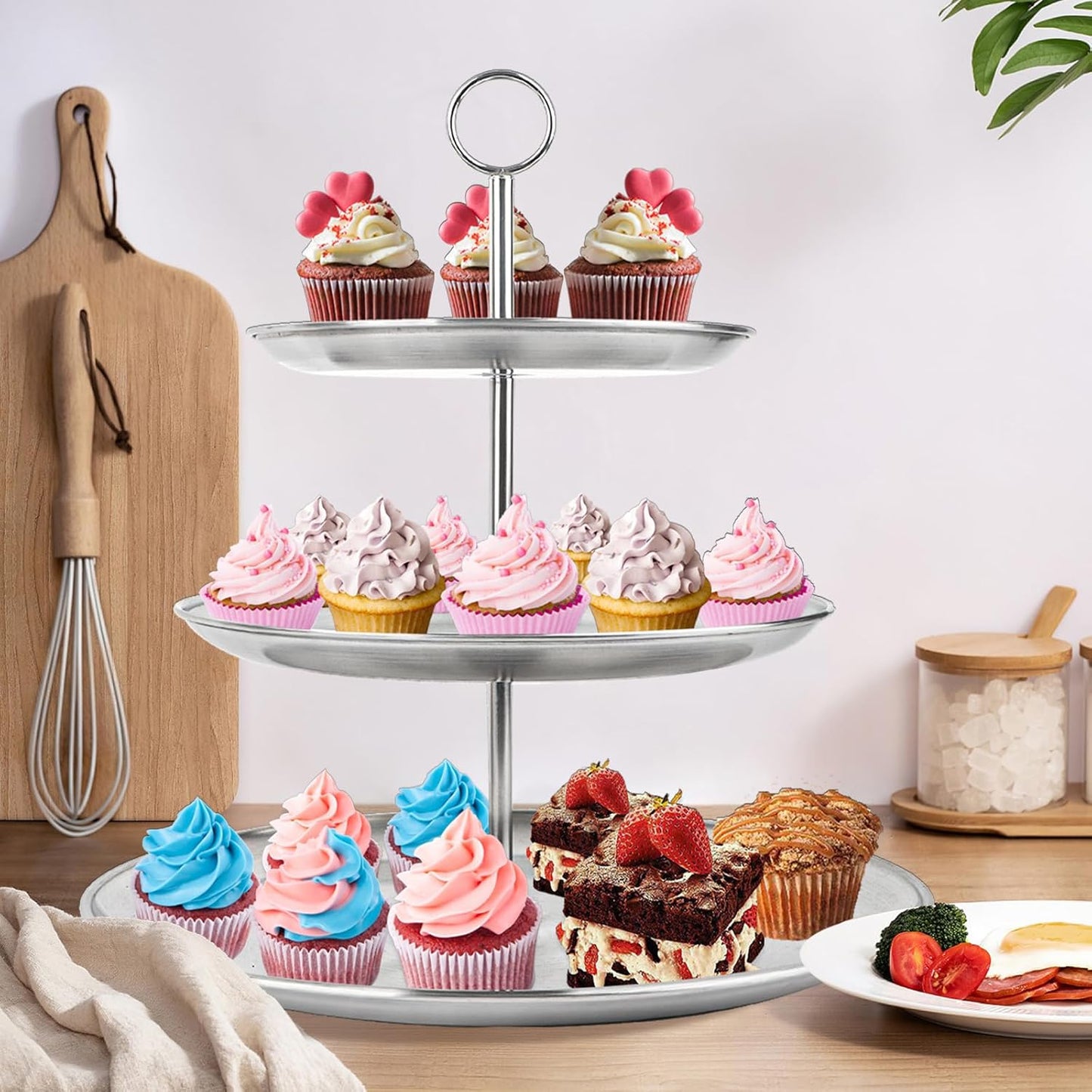 3 Tier Silver Cupcake Stand Stainless Steel Dessert Display Rack with Removable Tiered Tray for Parties,Weddings,Birthdays,Decorations,Any Festivals and Festivities(2 Pack)